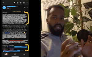 Split screen showing a song submission email to Across The Culture (left) and editor Zander Tsadwa (right)
