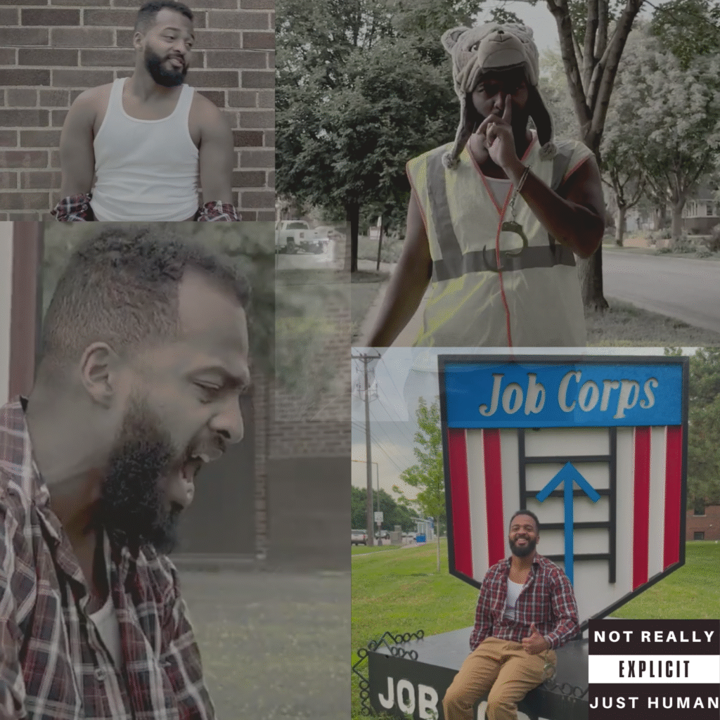 Four separate images of rapper Zander, an American in a collage for the "Done Clocking In" single cover art. Among the images include Zander in a construction vest and Zander handcuffed to a Job Corps sign