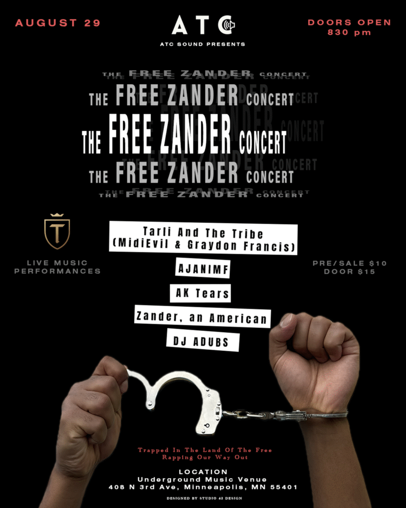 Black background; man's hands holding handcuffs with one loose and the other around his wrist as centerpiece for the Free Zander concert poster from ATC Sound
