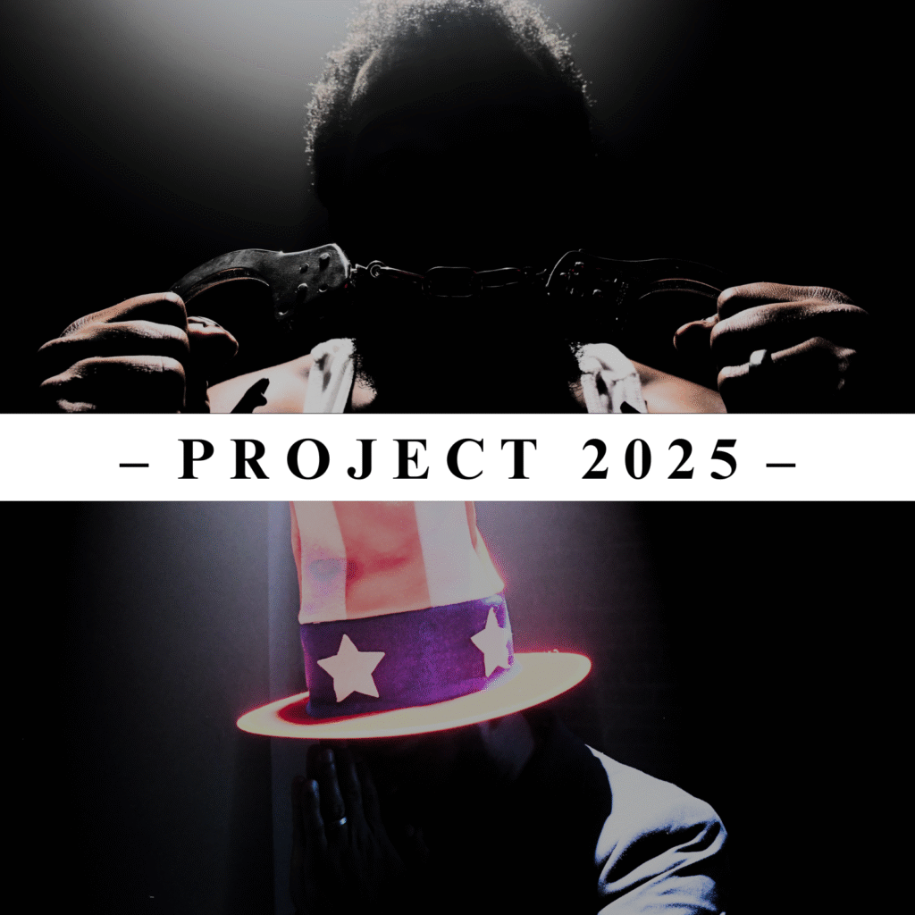 Album cover for Project 2025 the EP by Zander, an American. Top image is man obscured by shadow tightly gripping outstretched handcuffs. Bottom image is man dressed as Uncle Sam praying under a spotlight. "Project 2025" reads across the middle with a horizontal white background. 