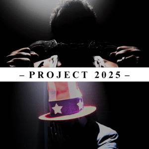 Cover art for 'PROJECT 2025' the EP by Minneapolis rapper Zander, an American. Top image is a shadowy man stretching out handcuffs; bottom image is a man in an Uncle Sam tophat praying.