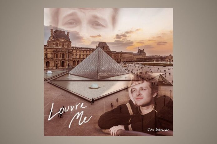 Singer-songwriter Jake Schroeder with a far, longing gaze and the Louvre museum in the background as cover art for his single 